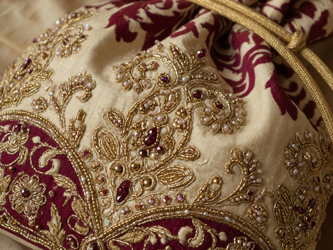 Close-up of intricate potli embroidery